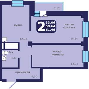 2-к квартира, строящийся дом, 61м2, 3/25 этаж