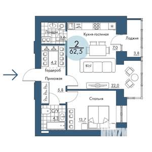 2-к квартира, строящийся дом, 63м2, 12/17 этаж