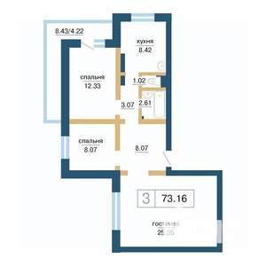 3-к квартира, строящийся дом, 73м2, 2/17 этаж