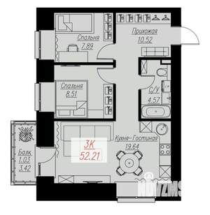 2-к квартира, строящийся дом, 52м2, 4/17 этаж