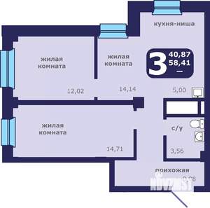 3-к квартира, вторичка, 58м2, 1/25 этаж