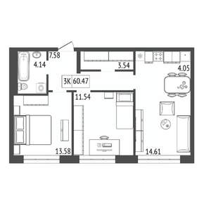 3-к квартира, строящийся дом, 60м2, 10/17 этаж