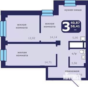 3-к квартира, строящийся дом, 58м2, 1/25 этаж