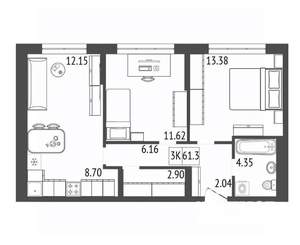 3-к квартира, вторичка, 61м2, 4/17 этаж