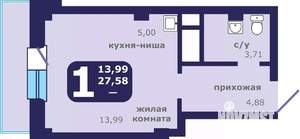 1-к квартира, строящийся дом, 28м2, 2/25 этаж