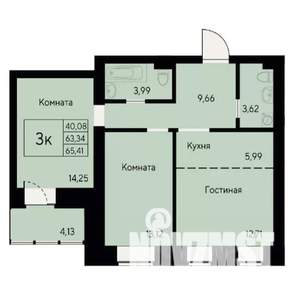 3-к квартира, строящийся дом, 66м2, 3/8 этаж