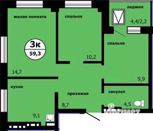 3-к квартира, строящийся дом, 58м2, 12/19 этаж