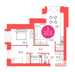 3-к квартира, строящийся дом, 69м2, 17/17 этаж