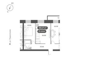 2-к квартира, вторичка, 59м2, 6/16 этаж