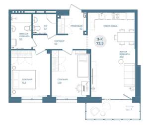 3-к квартира, строящийся дом, 74м2, 15/19 этаж