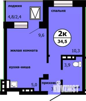 2-к квартира, строящийся дом, 34м2, 16/19 этаж