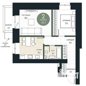 2-к квартира, вторичка, 55м2, 3/16 этаж