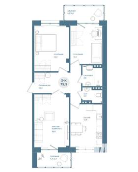 3-к квартира, строящийся дом, 75м2, 15/19 этаж