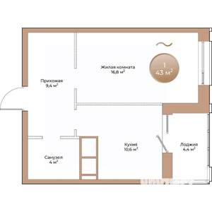 1-к квартира, строящийся дом, 43м2, 4/24 этаж
