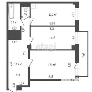 2-к квартира, вторичка, 54м2, 17/17 этаж