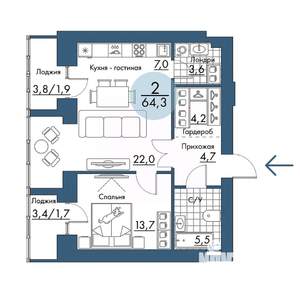2-к квартира, строящийся дом, 64м2, 13/17 этаж