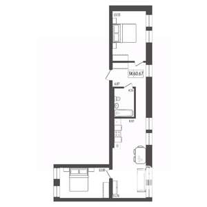 3-к квартира, строящийся дом, 60м2, 15/17 этаж