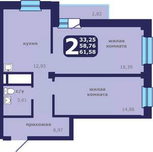 2-к квартира, строящийся дом, 62м2, 16/25 этаж