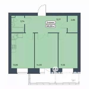 2-к квартира, строящийся дом, 61м2, 7/9 этаж