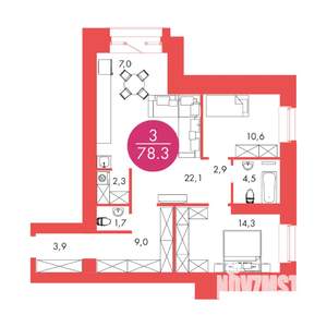 3-к квартира, строящийся дом, 78м2, 8/17 этаж