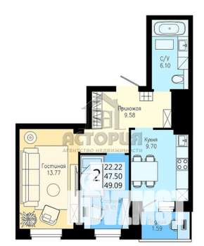 2-к квартира, вторичка, 49м2, 21/25 этаж