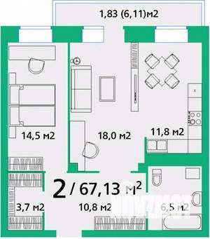 2-к квартира, вторичка, 67м2, 5/9 этаж