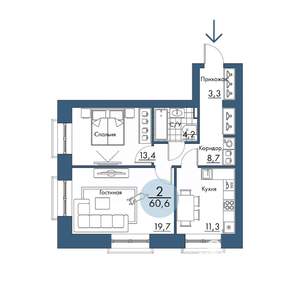 2-к квартира, строящийся дом, 61м2, 2/17 этаж
