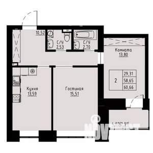 2-к квартира, строящийся дом, 61м2, 8/8 этаж