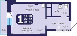 1-к квартира, строящийся дом, 32м2, 21/25 этаж
