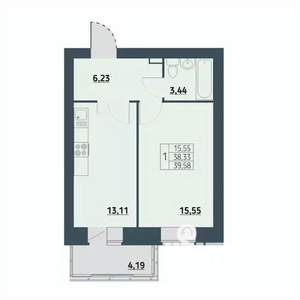1-к квартира, строящийся дом, 39м2, 3/9 этаж