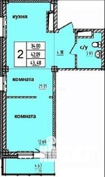 2-к квартира, строящийся дом, 44м2, 5/15 этаж