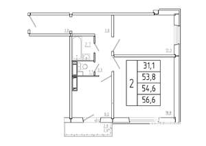 2-к квартира, строящийся дом, 55м2, 1/17 этаж