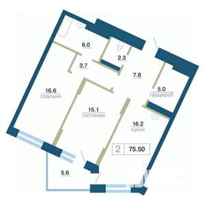 2-к квартира, строящийся дом, 76м2, 16/24 этаж