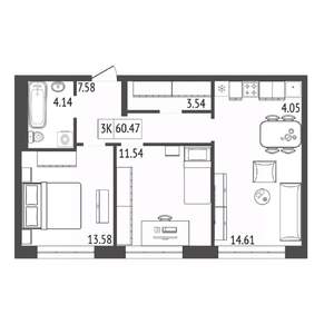 3-к квартира, строящийся дом, 60м2, 17/17 этаж