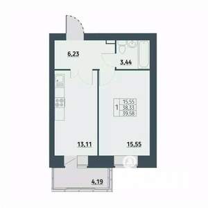 1-к квартира, строящийся дом, 40м2, 8/9 этаж