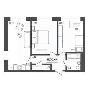 3-к квартира, строящийся дом, 53м2, 13/17 этаж