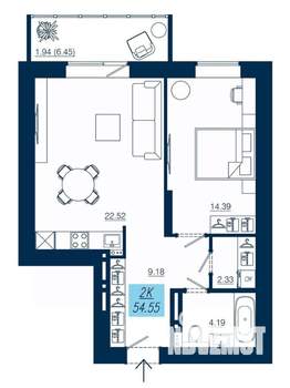 2-к квартира, строящийся дом, 55м2, 14/19 этаж