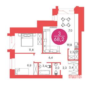 3-к квартира, строящийся дом, 68м2, 2/17 этаж