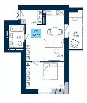1-к квартира, строящийся дом, 44м2, 8/19 этаж