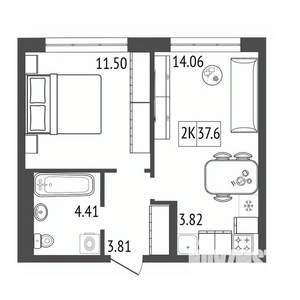 2-к квартира, строящийся дом, 38м2, 8/17 этаж