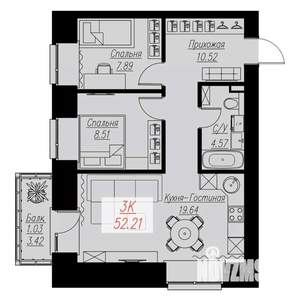 2-к квартира, строящийся дом, 52м2, 12/17 этаж