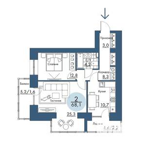 2-к квартира, строящийся дом, 68м2, 7/17 этаж