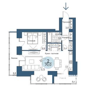 2-к квартира, строящийся дом, 70м2, 13/17 этаж