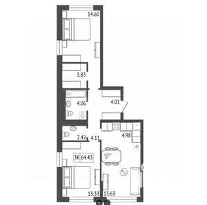 3-к квартира, вторичка, 65м2, 8/17 этаж