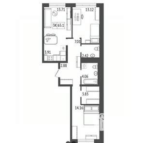 3-к квартира, вторичка, 65м2, 9/17 этаж