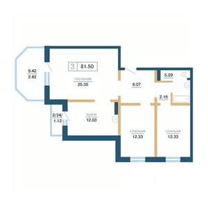 3-к квартира, строящийся дом, 82м2, 9/17 этаж