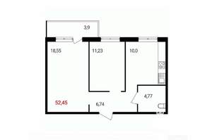 2-к квартира, вторичка, 52м2, 12/18 этаж