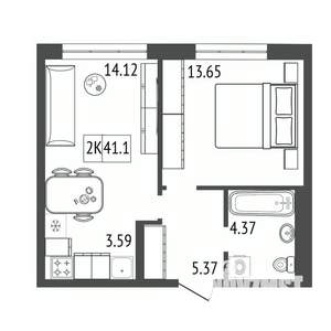 2-к квартира, строящийся дом, 41м2, 11/17 этаж