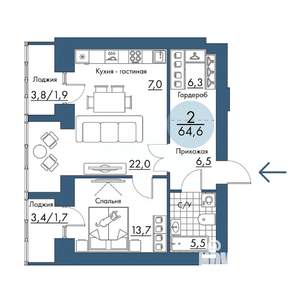 2-к квартира, строящийся дом, 65м2, 17/17 этаж