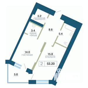 2-к квартира, строящийся дом, 53м2, 18/24 этаж